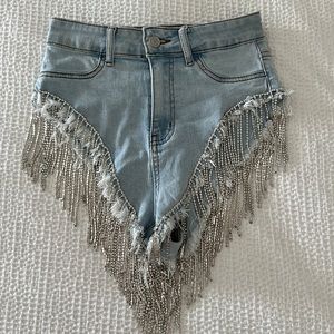 Denim + rhinestone fringe shorts (brand new)
